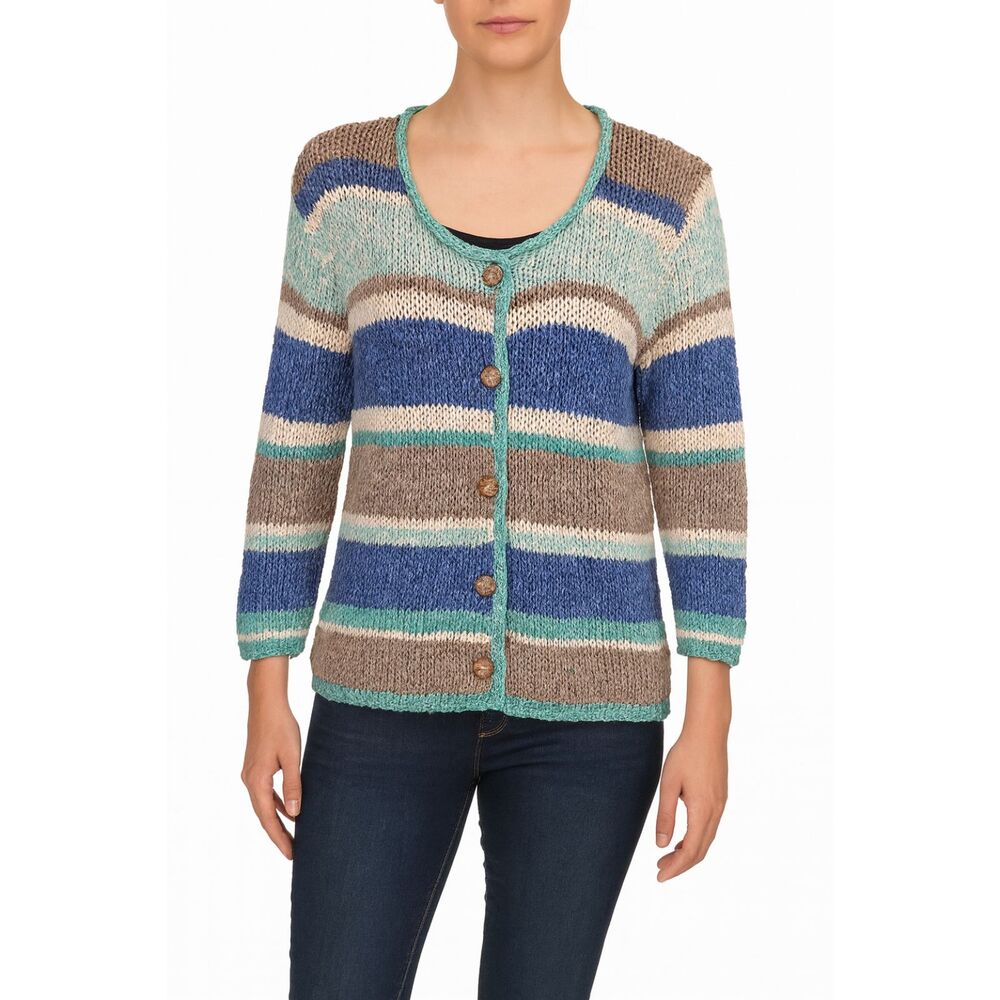 J. Jill Striped Crochet Knit Cardigan L Cottagecore Whimsigoth Coastal Grandma